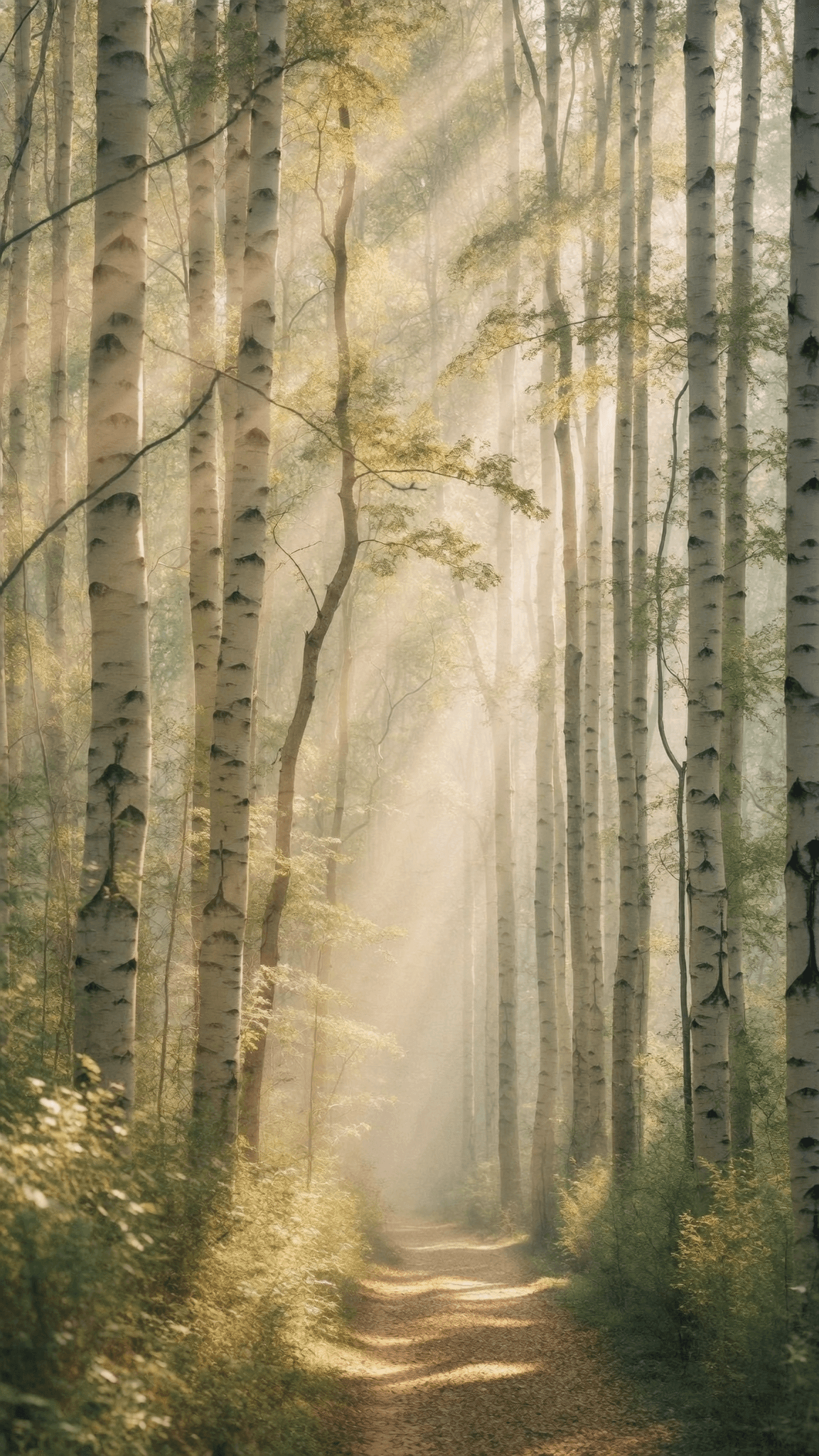 Sentier paisible traversant une forêt de bouleaux baignée de lumière dorée au petit matin, brume légère, évoquant un cheminement intérieur