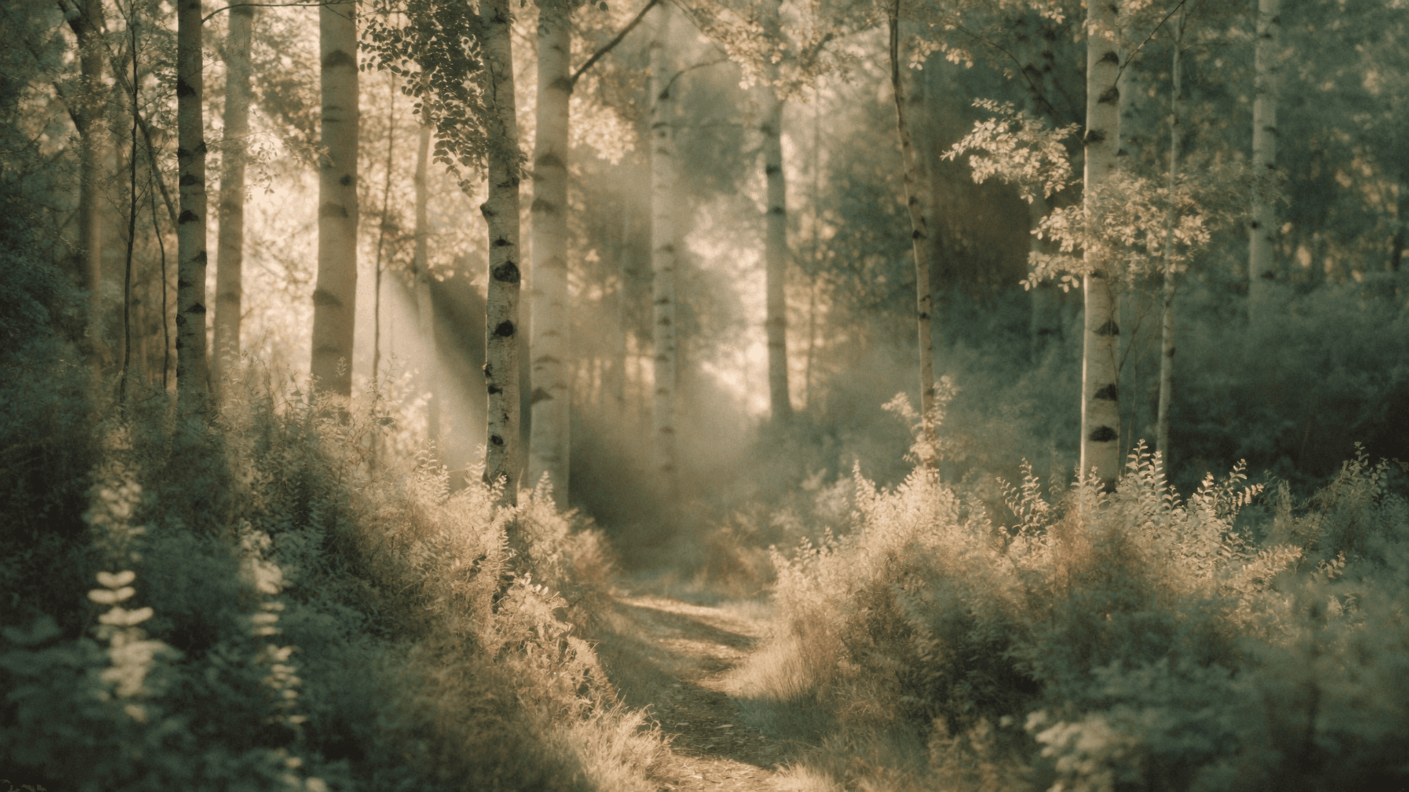 Sentier paisible traversant une forêt de bouleaux baignée de lumière dorée au petit matin, brume légère, évoquant un cheminement intérieur